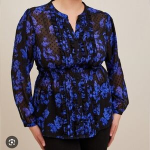 NWT Torrid Sheer Blue And Black Ruffled Long Sleeve Blouse